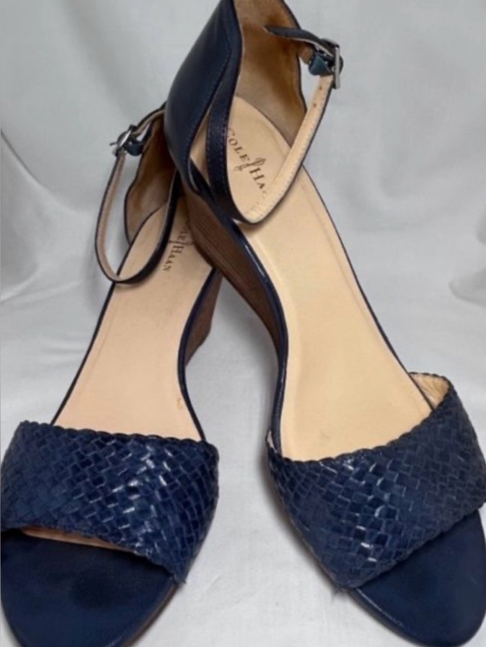 Cole Haan Navy Woven Leather Ankle-Strap Sandals
